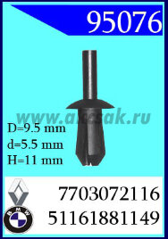 95076-92045-90045 Клипса автомобильная (крепёжное изделие) RENOULT, BMW, WV(производство Европа)